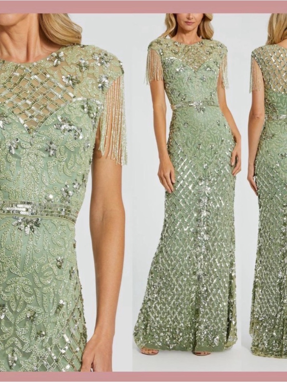 Mac Duggal Beaded Sage Green Maxi Gown with Fringe Cap Sleeves